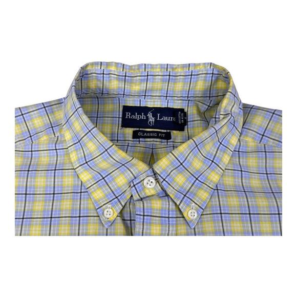 Polo Ralph Lauren Shirt Mens Large Yellow Blue Check Big Button Up Blue Pony - Picture 11 of 13